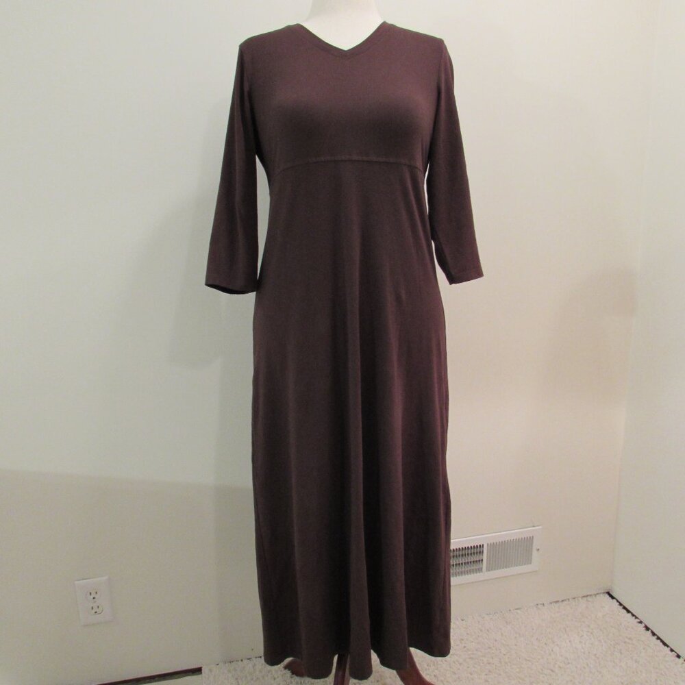 D&Co Brown Cotton Stretch Empire Waist 3/4 Sleeve V-neck Maxi Small